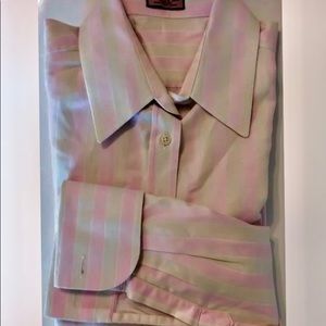 Thomas Pink Men Dress Shirt French Cuff Sz 16 Cotton Pink Beige Stripe